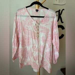 Women’s Beaded Floral Pullover Tunic Pink White Romantic Top Size XXL Cover Up